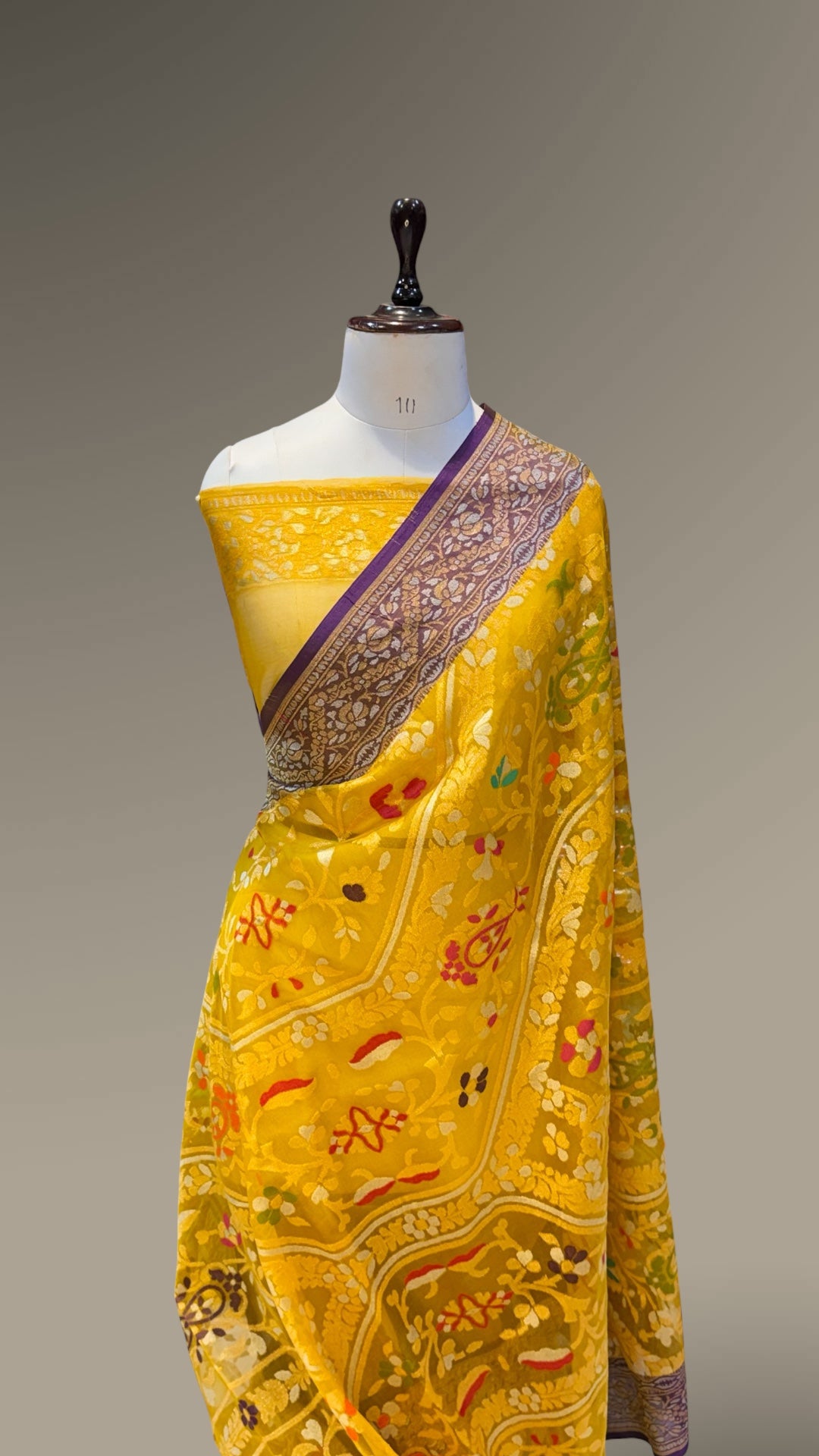 Sunflower Yellow Pure Banarasi Ektara Kora Jamdani Saree