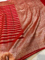 Red 100% Pure Banarasi Khaddi Georgette Stripes Saree