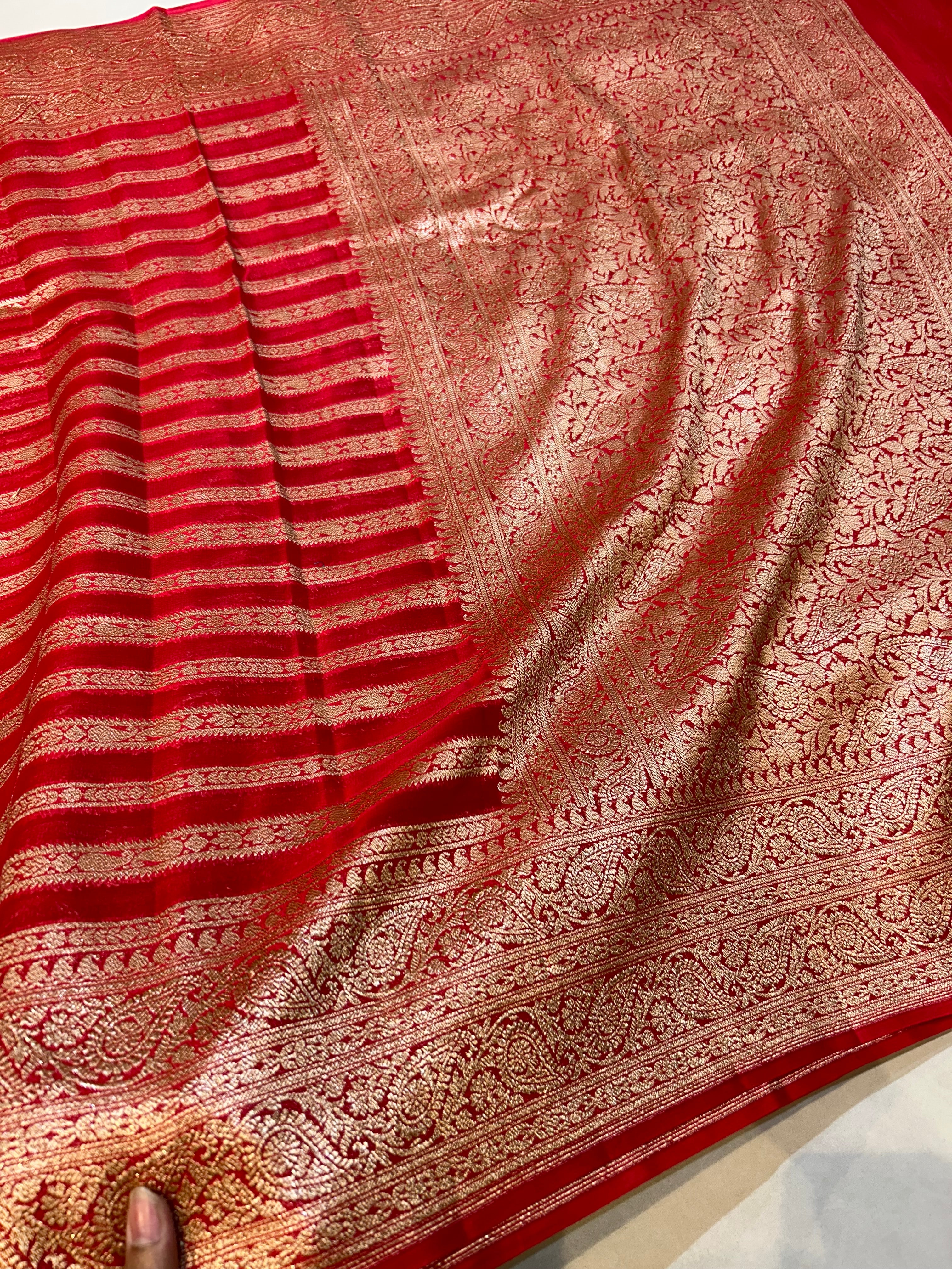 Red 100% Pure Banarasi Khaddi Georgette Stripes Saree