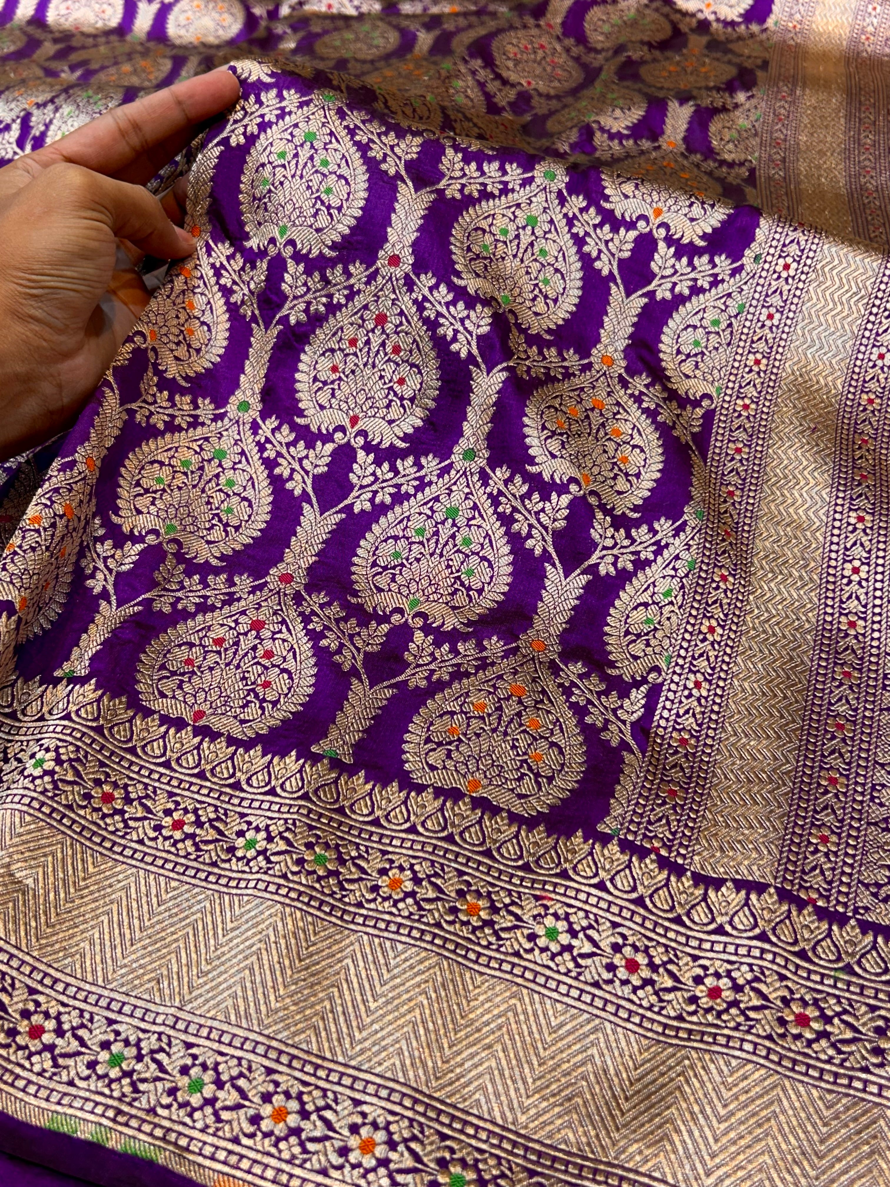 Violet Purple 100% Pure Banarasi Katan Silk Meenakari Saree