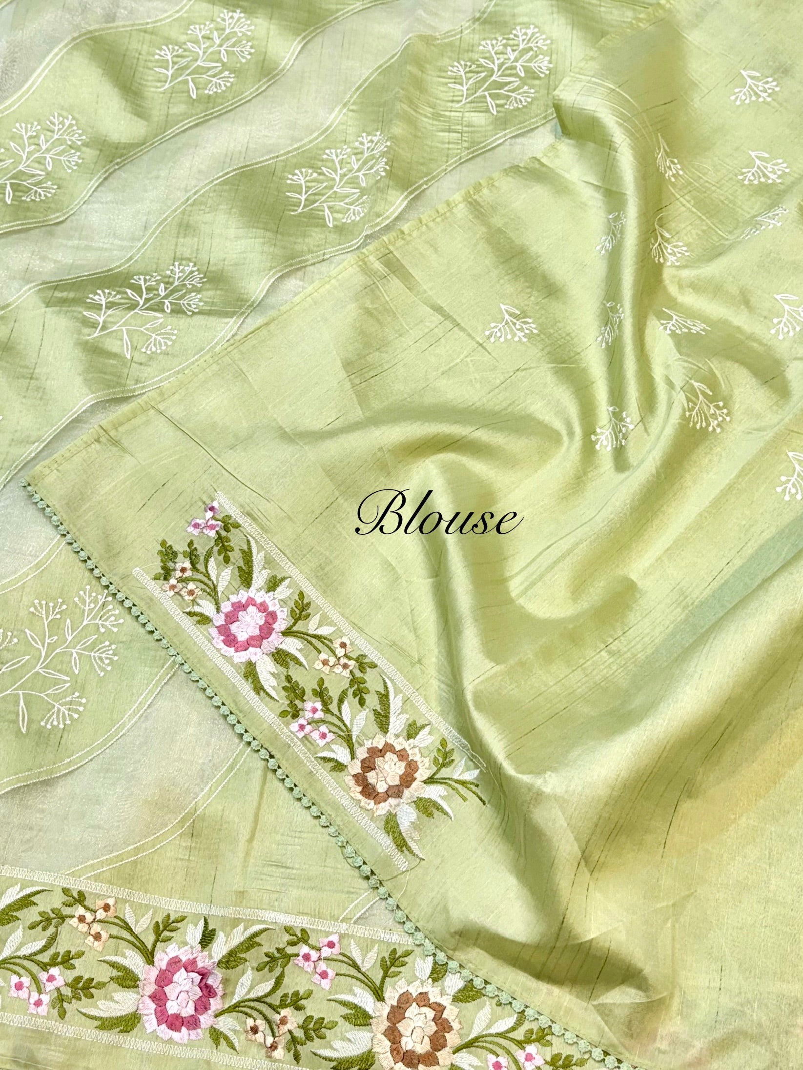 Pista Green Tussar Silk Partywear Banarasi Embroidery with Tissue Applique Lightweight Sarees