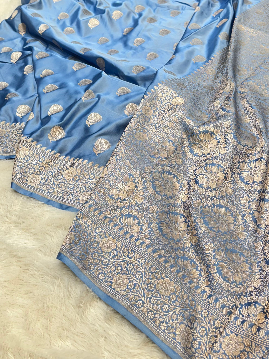 Powder Blue Banarasi Soft Mashru Silk Partywear Saree