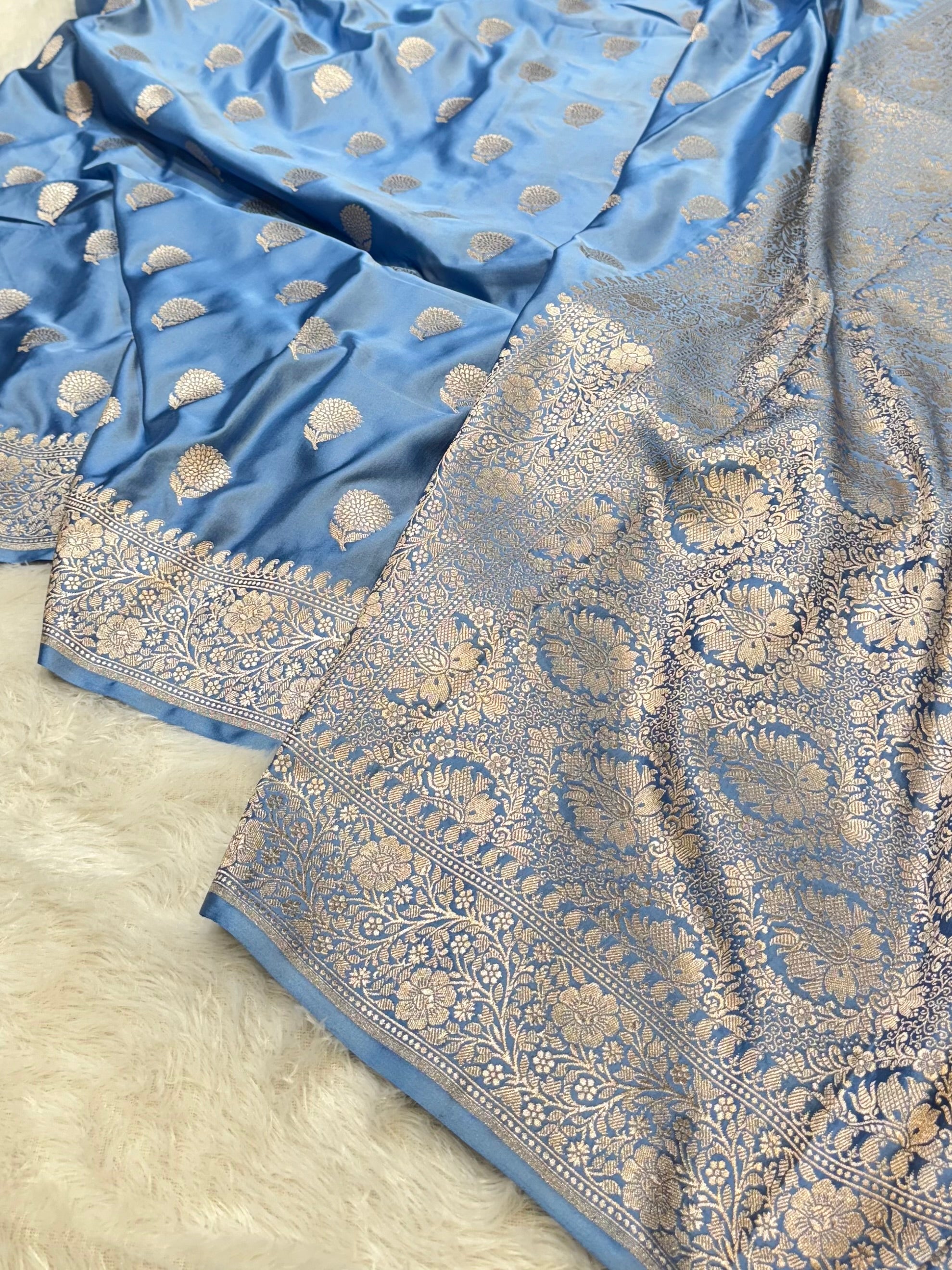 Powder Blue Banarasi Soft Mashru Silk Partywear Saree