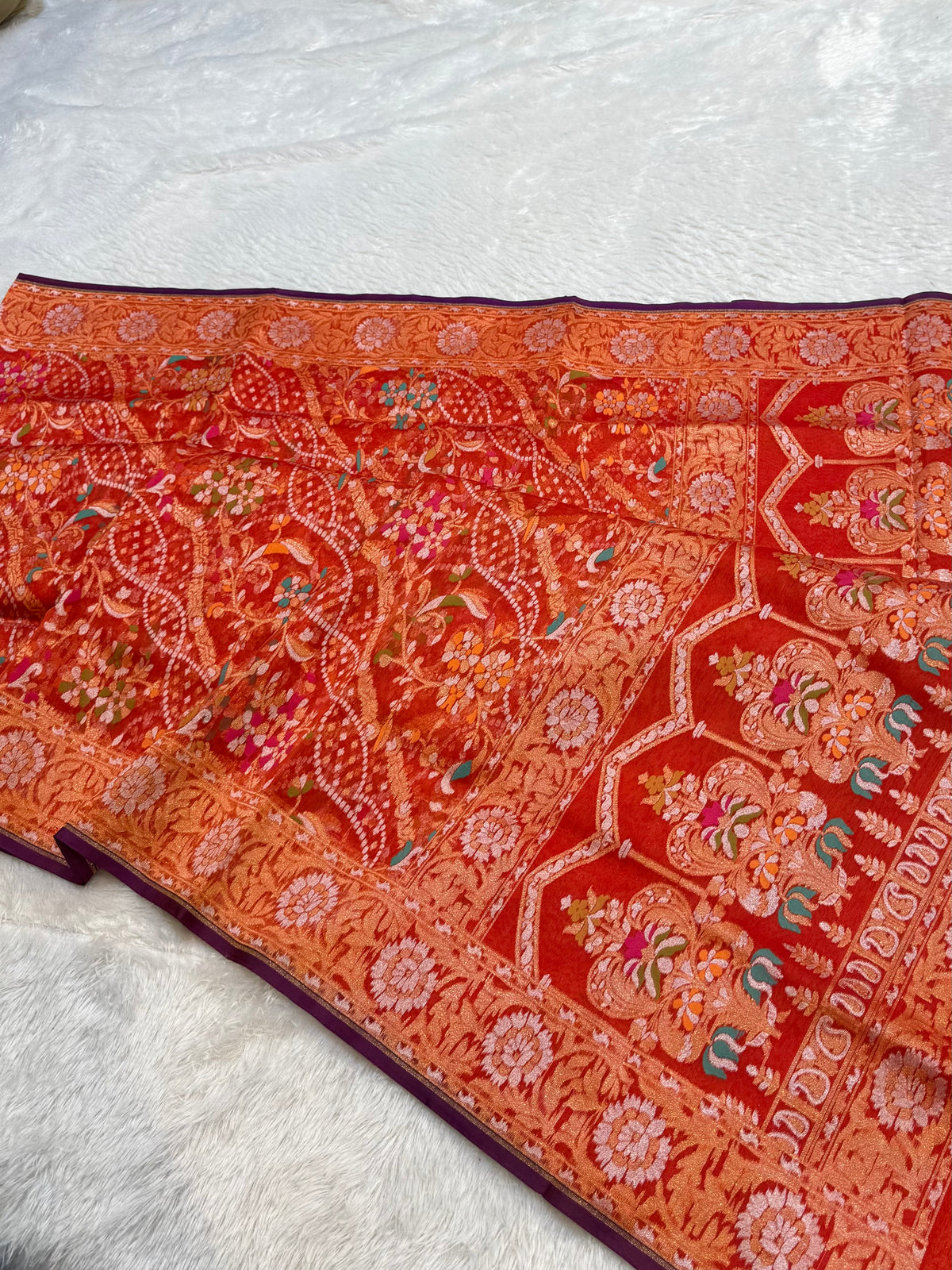 Prebook | Orangish Red Pure Banarasi Ektara Kora Jamdani Saree