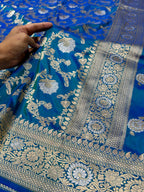 Prebook | Dual Shade Peacock Blue 100% Pure Banarasi Katan Silk Meenakari Saree