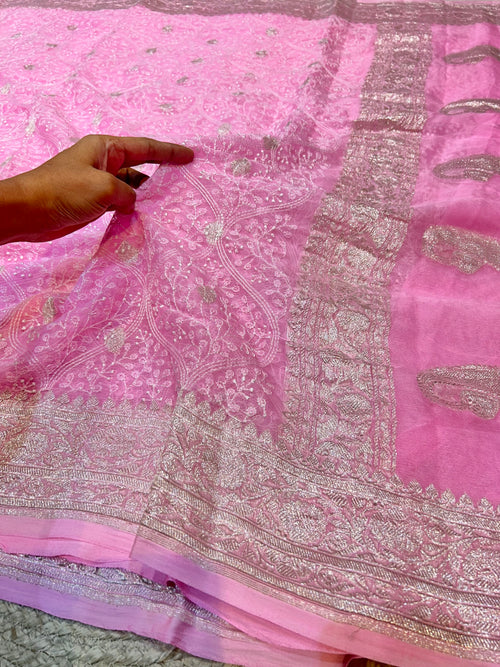 Baby Pink 100% Pure Khaddi Georgette Silver Zari ChikanKari Handloom Saree