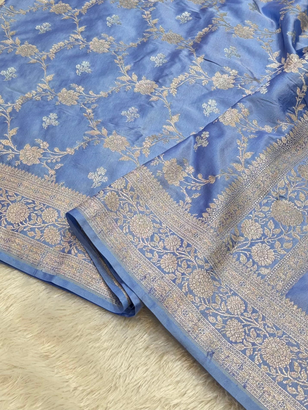 Powder Blue Banarasi Soft Meenakari Mashru Silk Partywear Saree