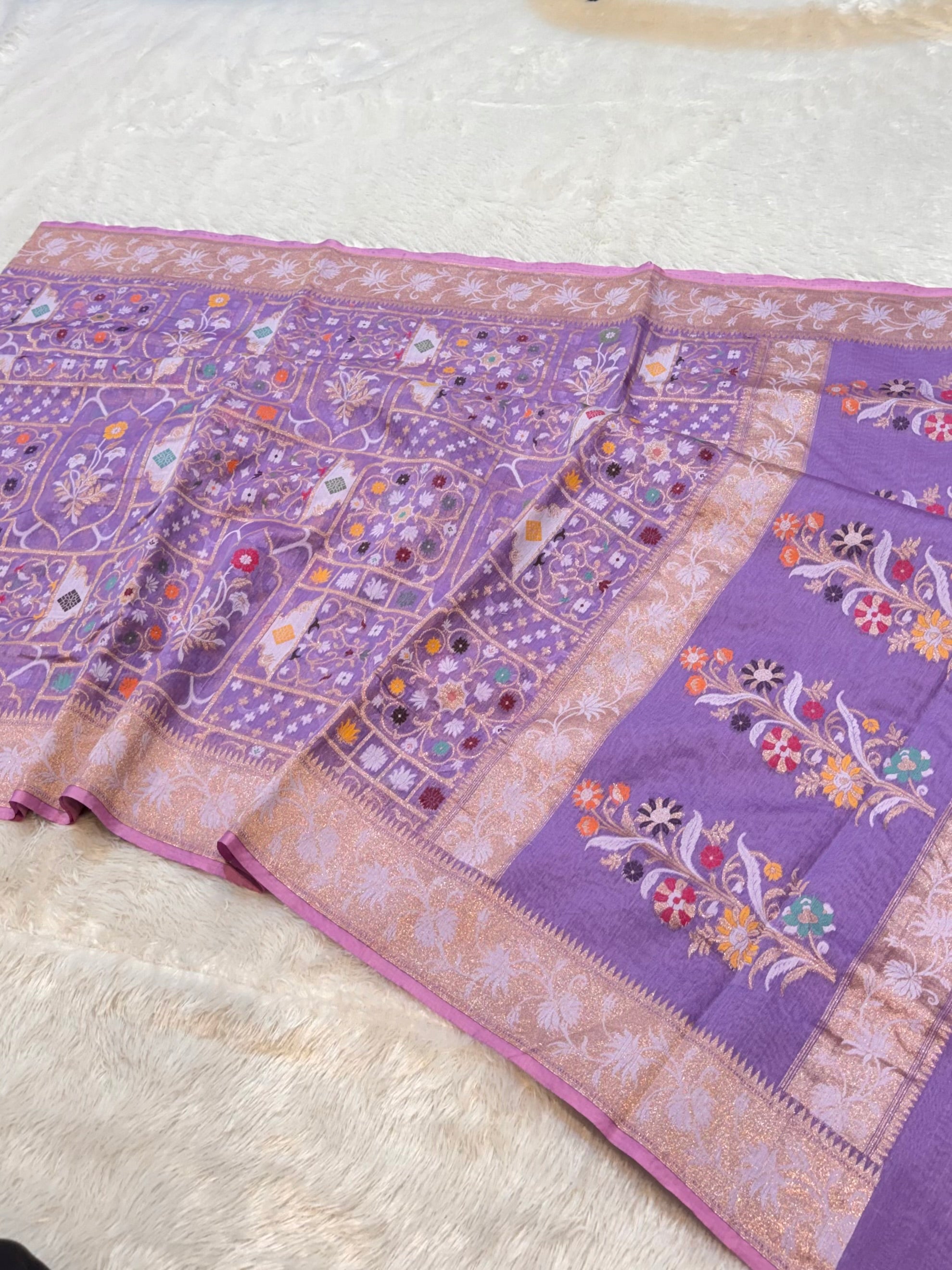 Lavender 100% Pure Ektara Banarasi Cotton Jamdani Saree