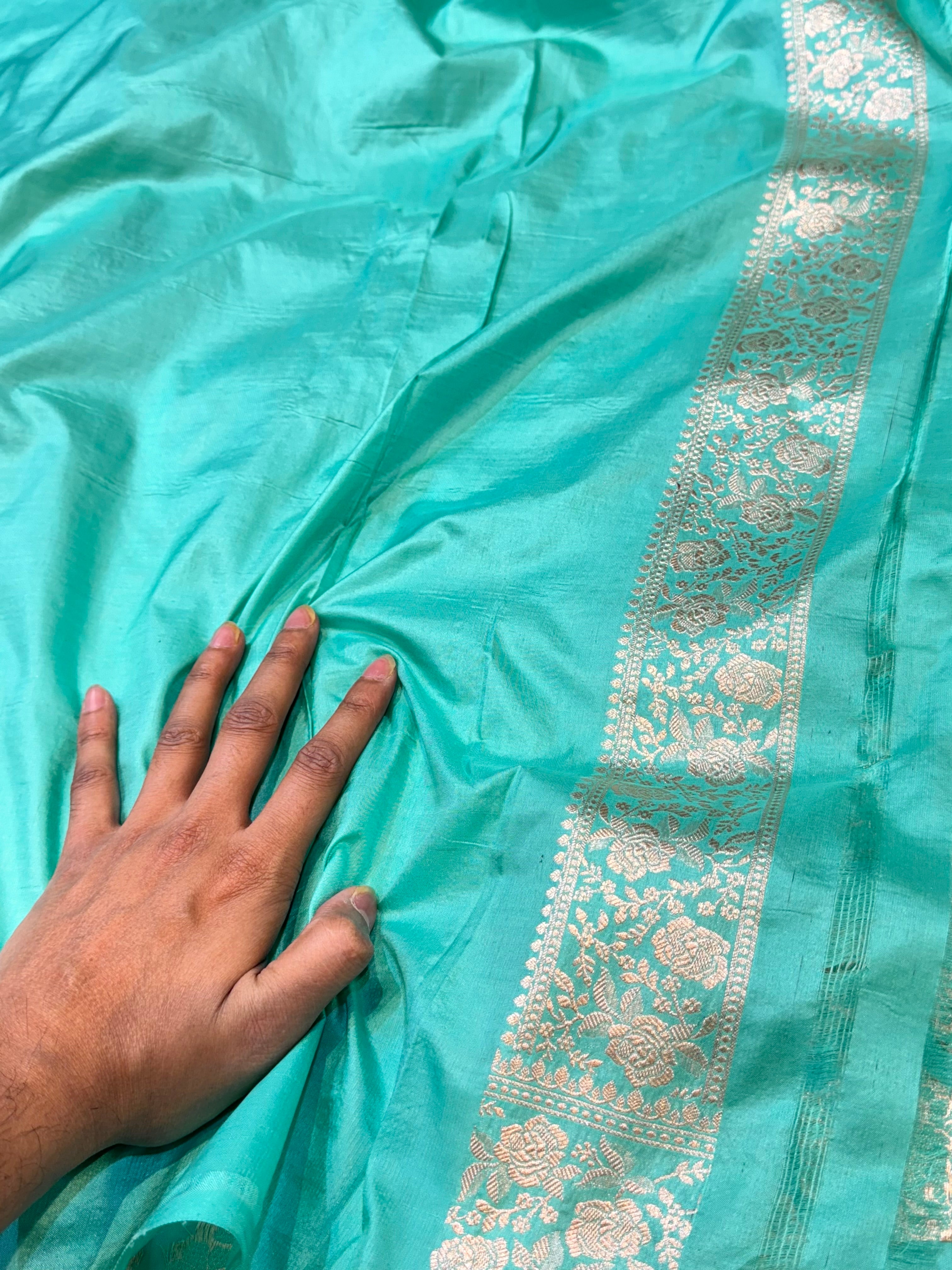 Cyan Blue 100% Pure Banarasi Katan Silk Saree