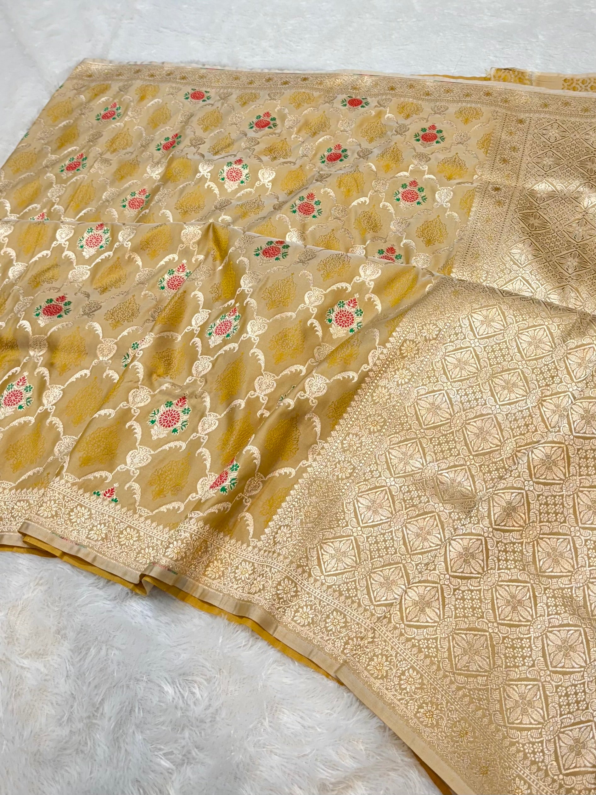 Olive Banarasi Soft Mashru Silk Partywear Meenakari Saree