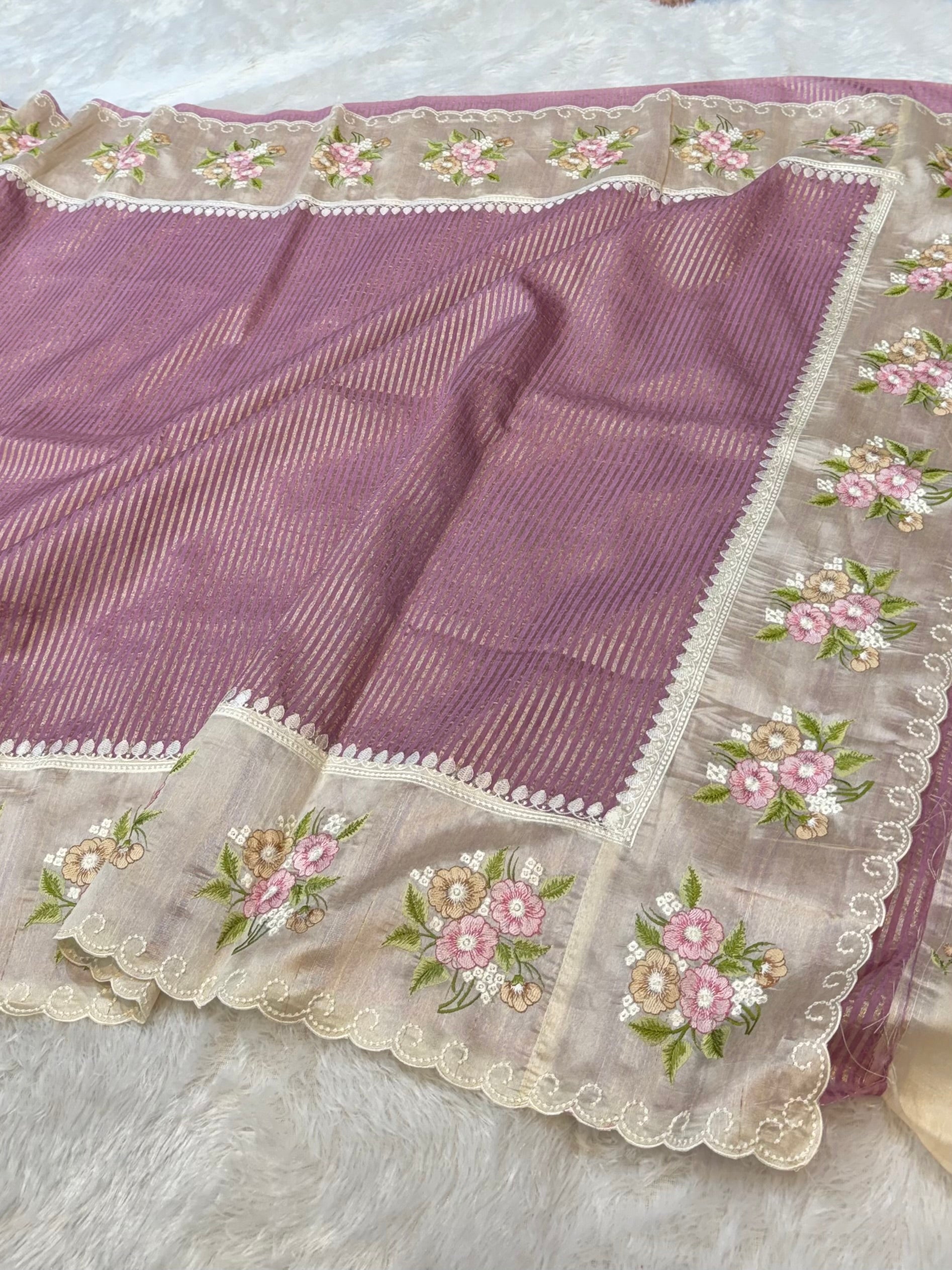Lilac Tissue Silk Partywear Banarasi Embroidery Tissue Border Lightweight Sarees
