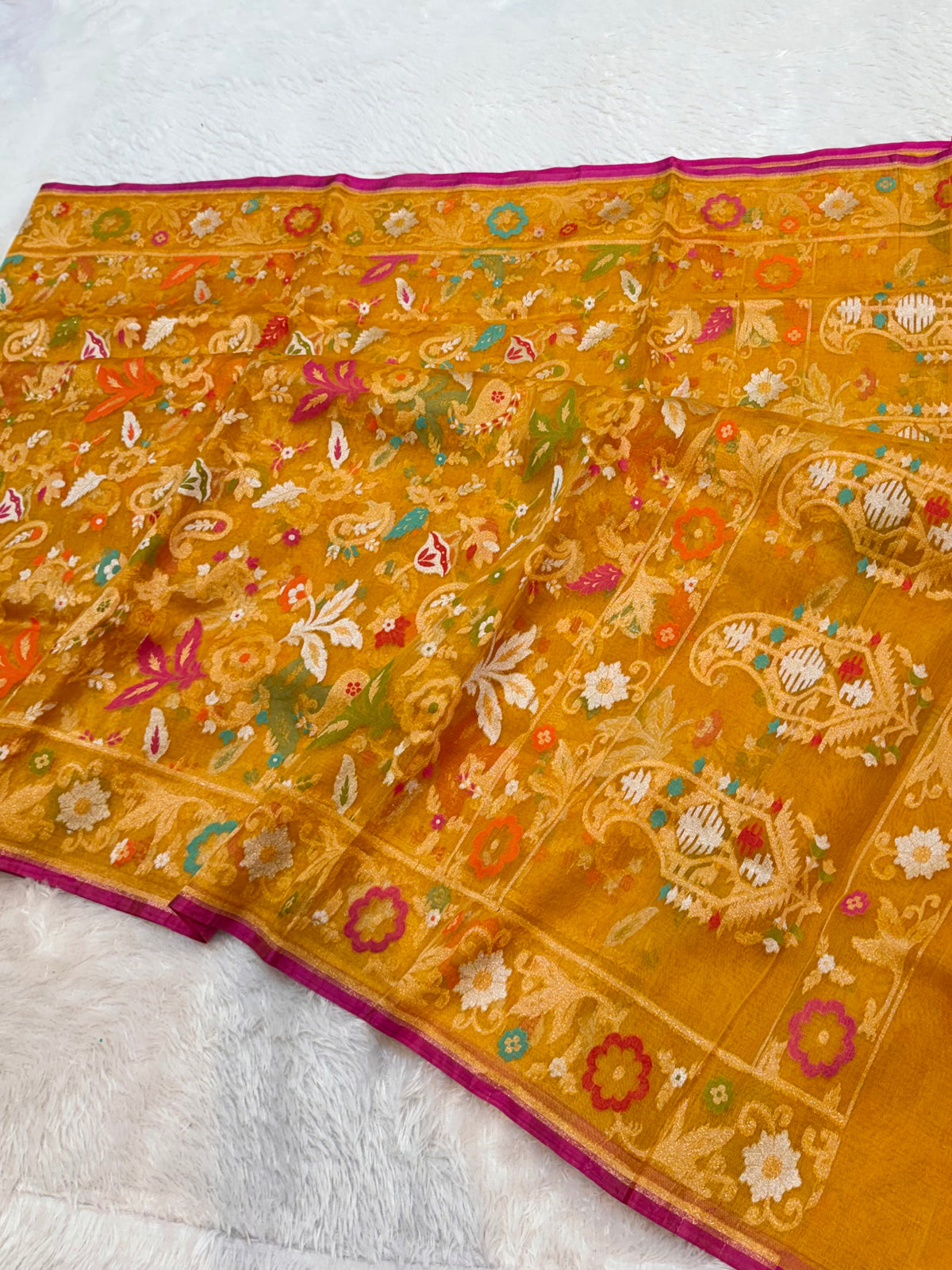 Mustard Pure Banarasi Ektara Kora Jamdani Saree