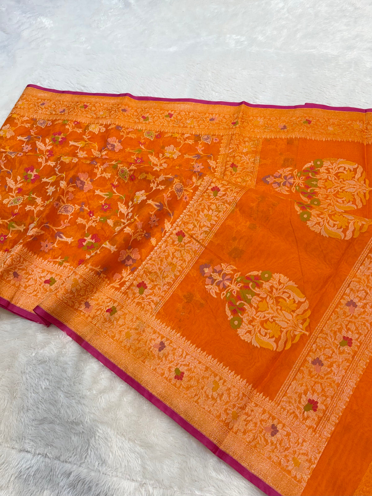 Prebook | Fanta Orange Banarasi Ektara Kora Jamdani Saree