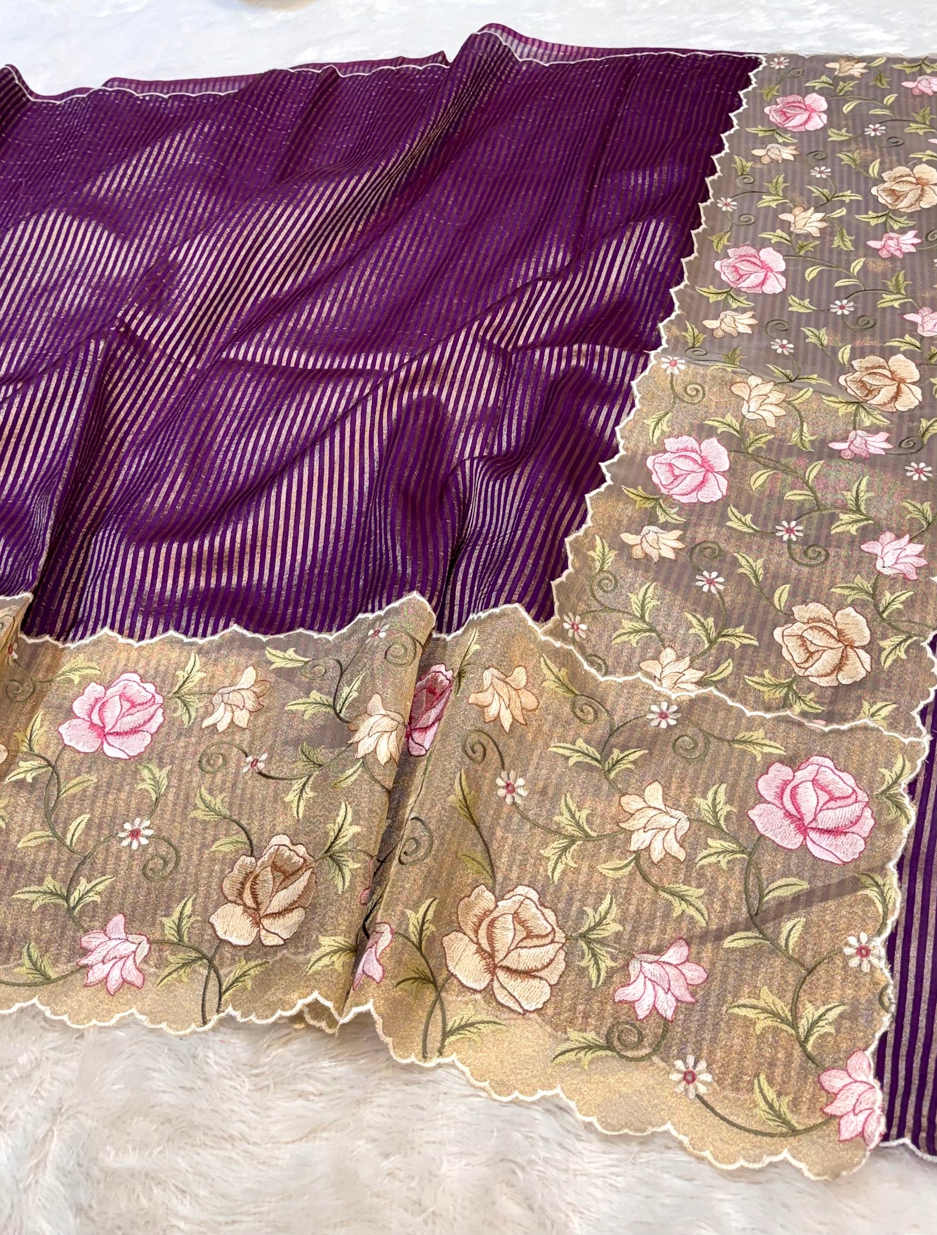 Purple Stripes Tissue Silk Partywear Banarasi Embroidery Tissue Border Lightweight Sarees