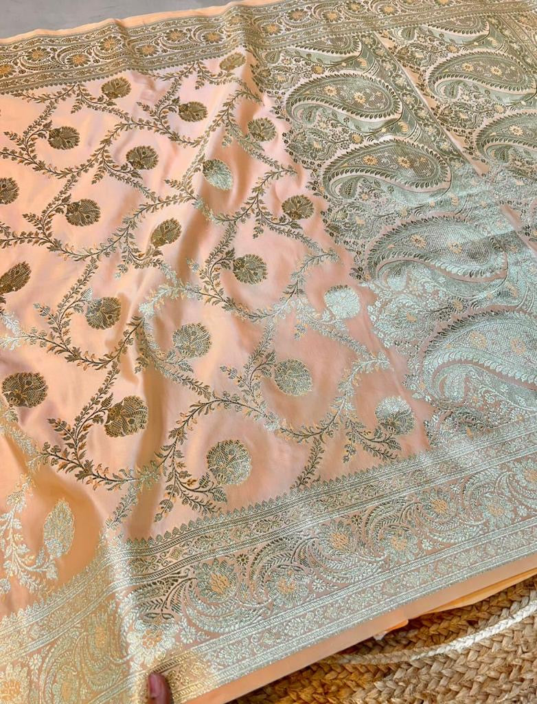 Peach Banarasi Soft Meenakari Mashru Silk Partywear Saree
