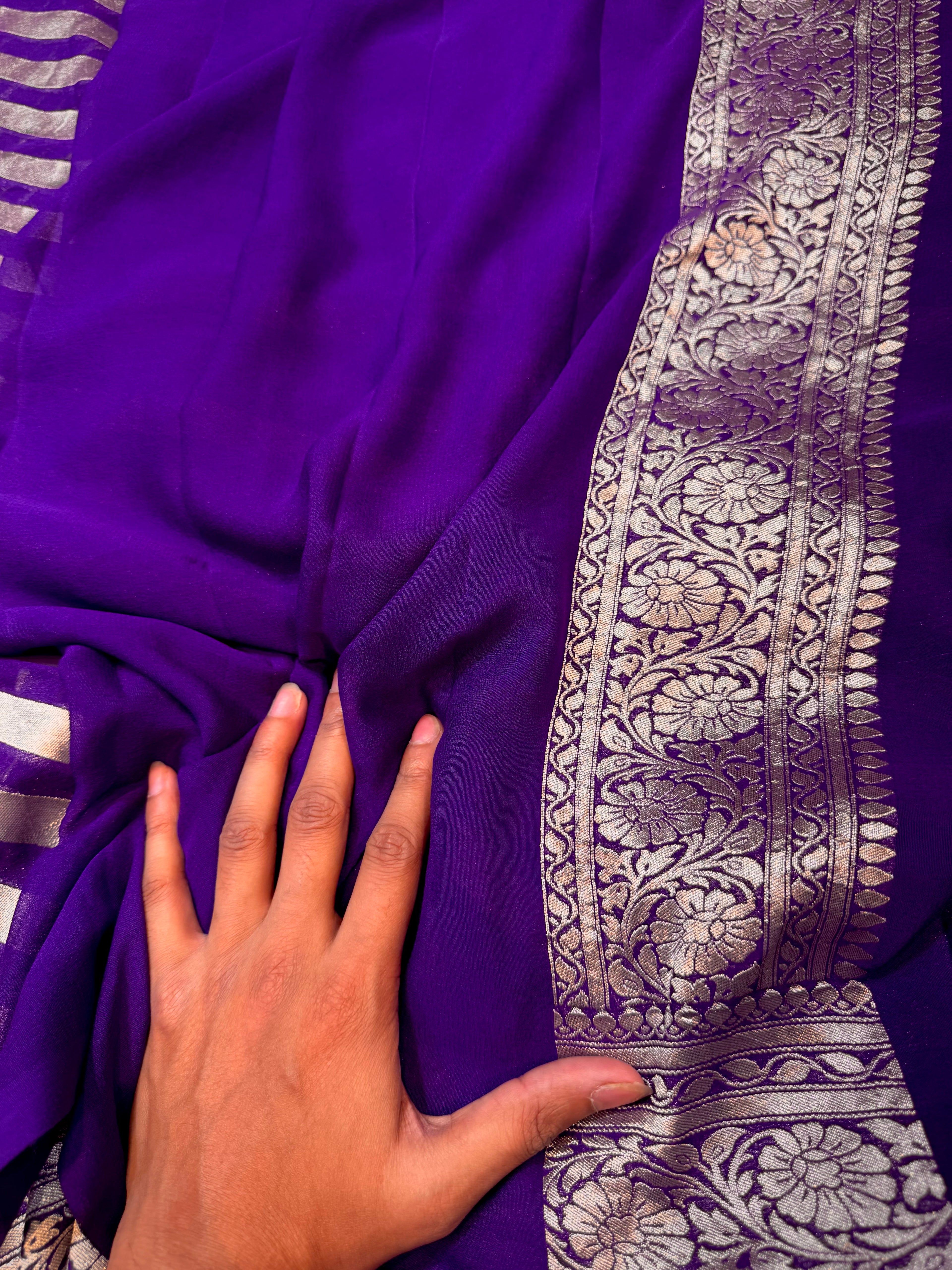 Purple 100% Pure Banarasi Khaddi Georgette Stripes Saree