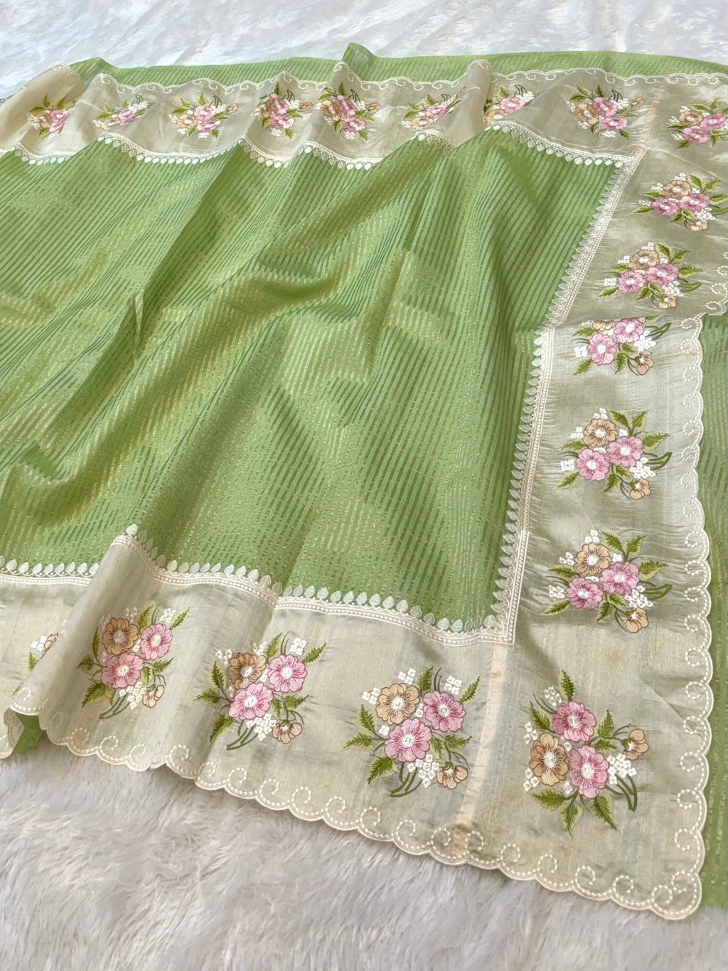 Green Tissue Silk Partywear Banarasi Embroidery Tissue Border Lightweight Sarees