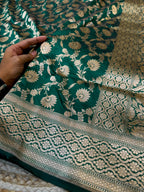 Prebook | Bottle Green 100% Pure Banarasi Katan Silk Saree