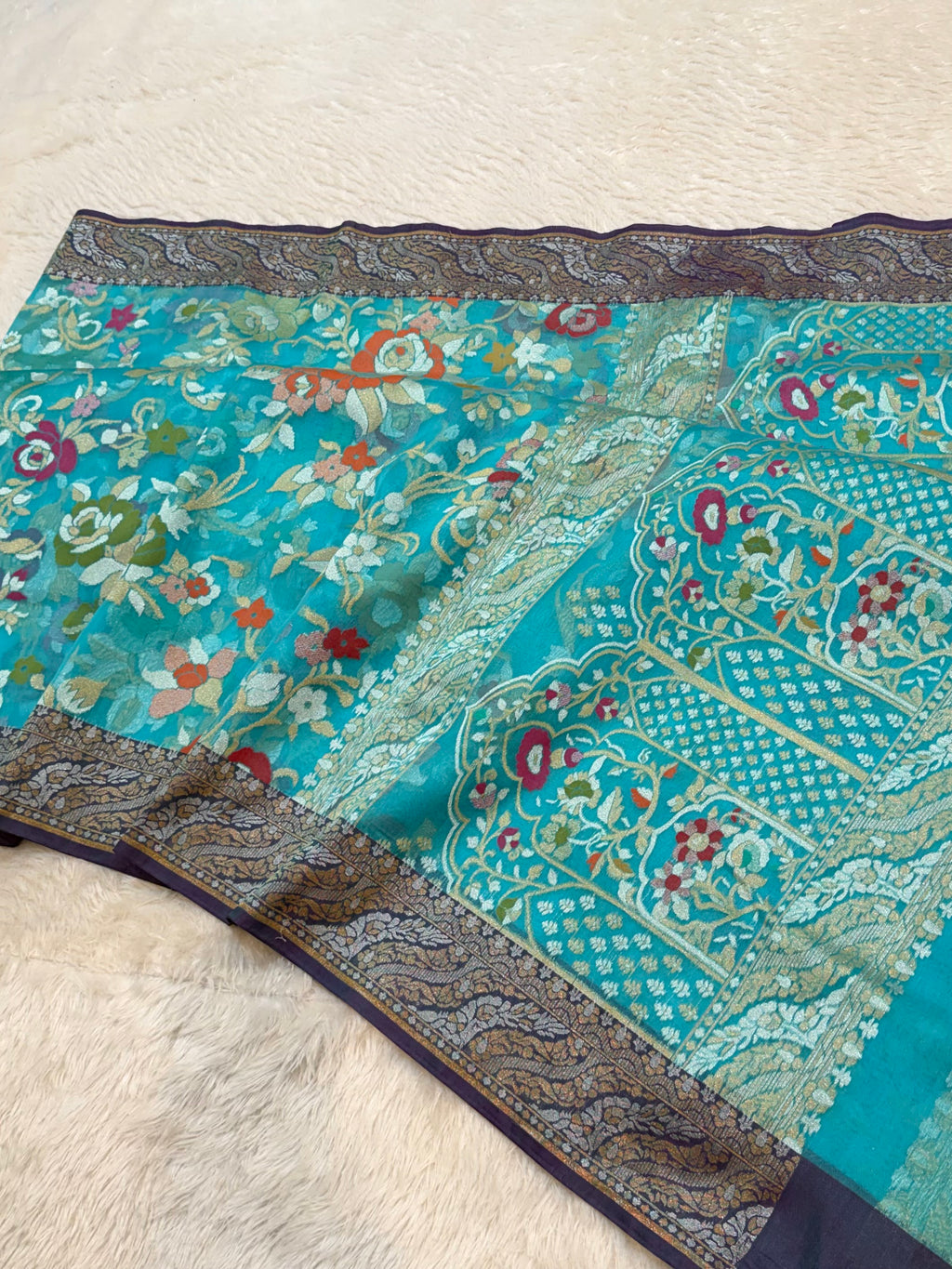 Sky Blue Pure Handloom Banarasi Ektara Kora Jamdani Saree