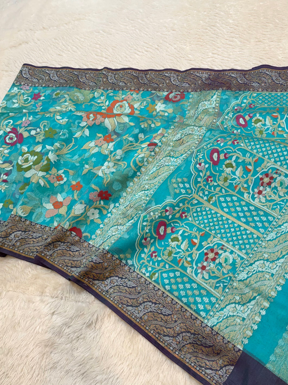 Sky Blue Pure Handloom Banarasi Ektara Kora Jamdani Saree