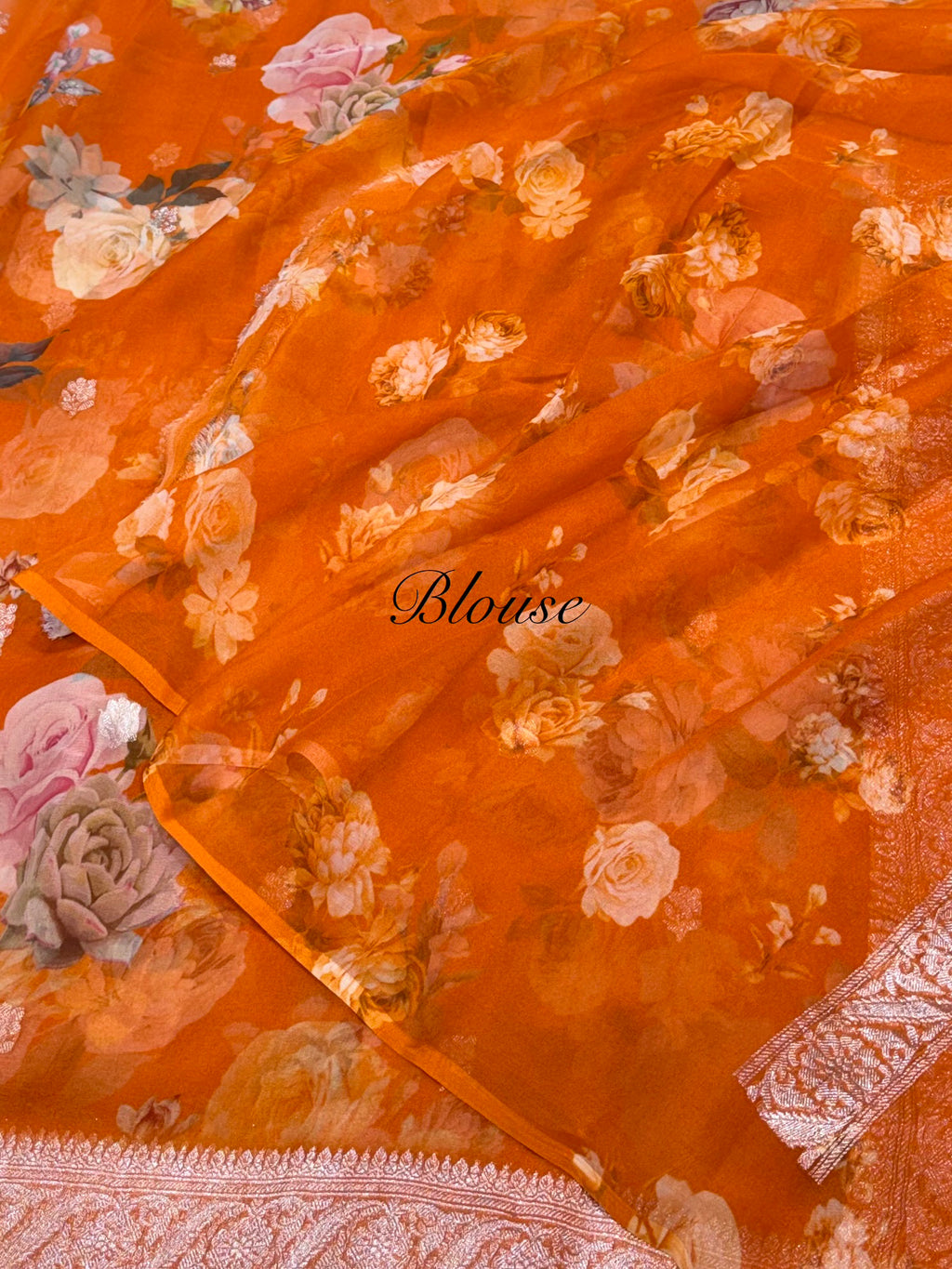Fanta Orange 100% Pure Khaddi Georgette Silver Zari Digital Print Handloom Saree