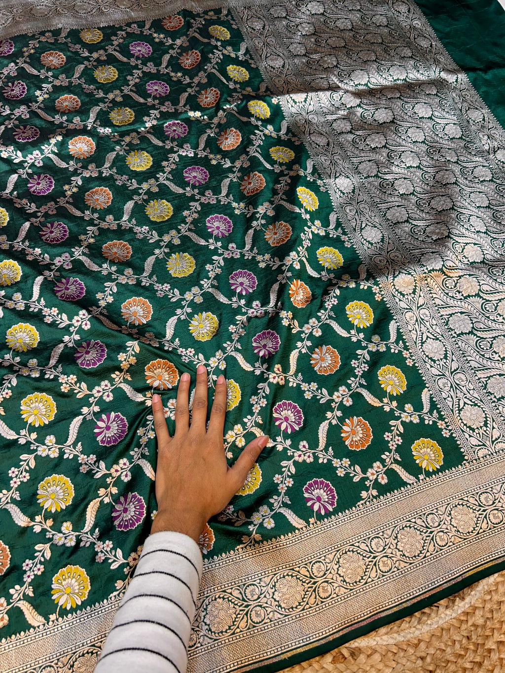 Bottle Green 100% Pure Banarasi Katan Silk Meenakari Saree