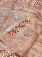 Watery Peach 100% Pure Handloom Tissue Silk Partywear Banarasi Embroidery Lightweight Saree