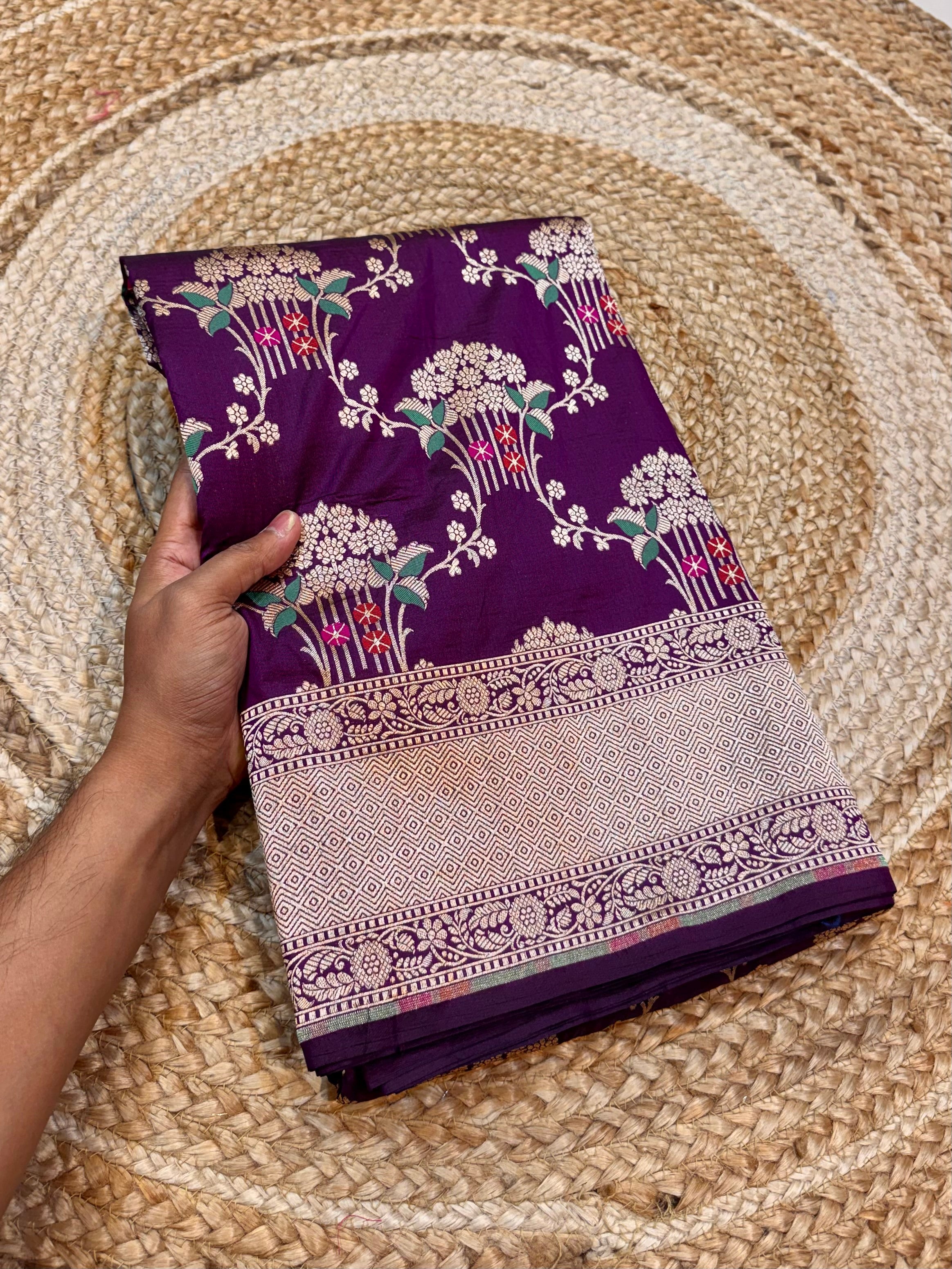 Wine Purple 100% Pure Banarasi Katan Silk Meenakari Saree