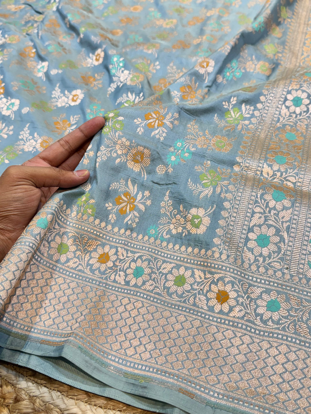 Powder Blue Pure Banarasi Katan Silk Meenakari Sareee