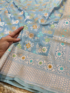Powder Blue Pure Banarasi Katan Silk Meenakari Sareee