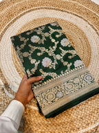 Bottle Green 100% Pure Banarasi Katan Silk Meenakari Saree