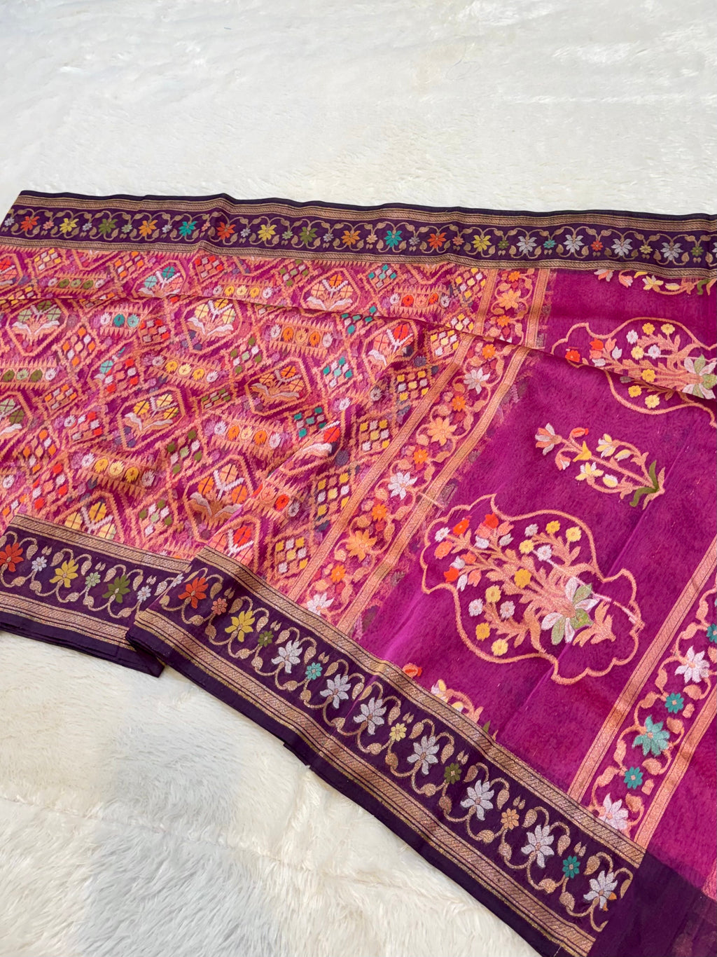 Magenta Pink 100% Pure Ektara Banarasi Kora Jamdani Saree