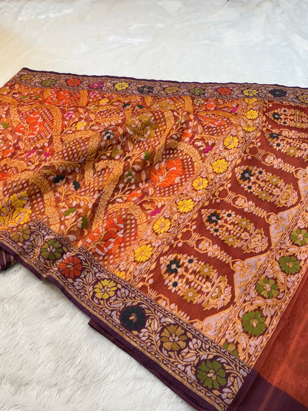 Prebook | Rust Orange 100% Pure Ektara Banarasi Kora Jamdani Saree