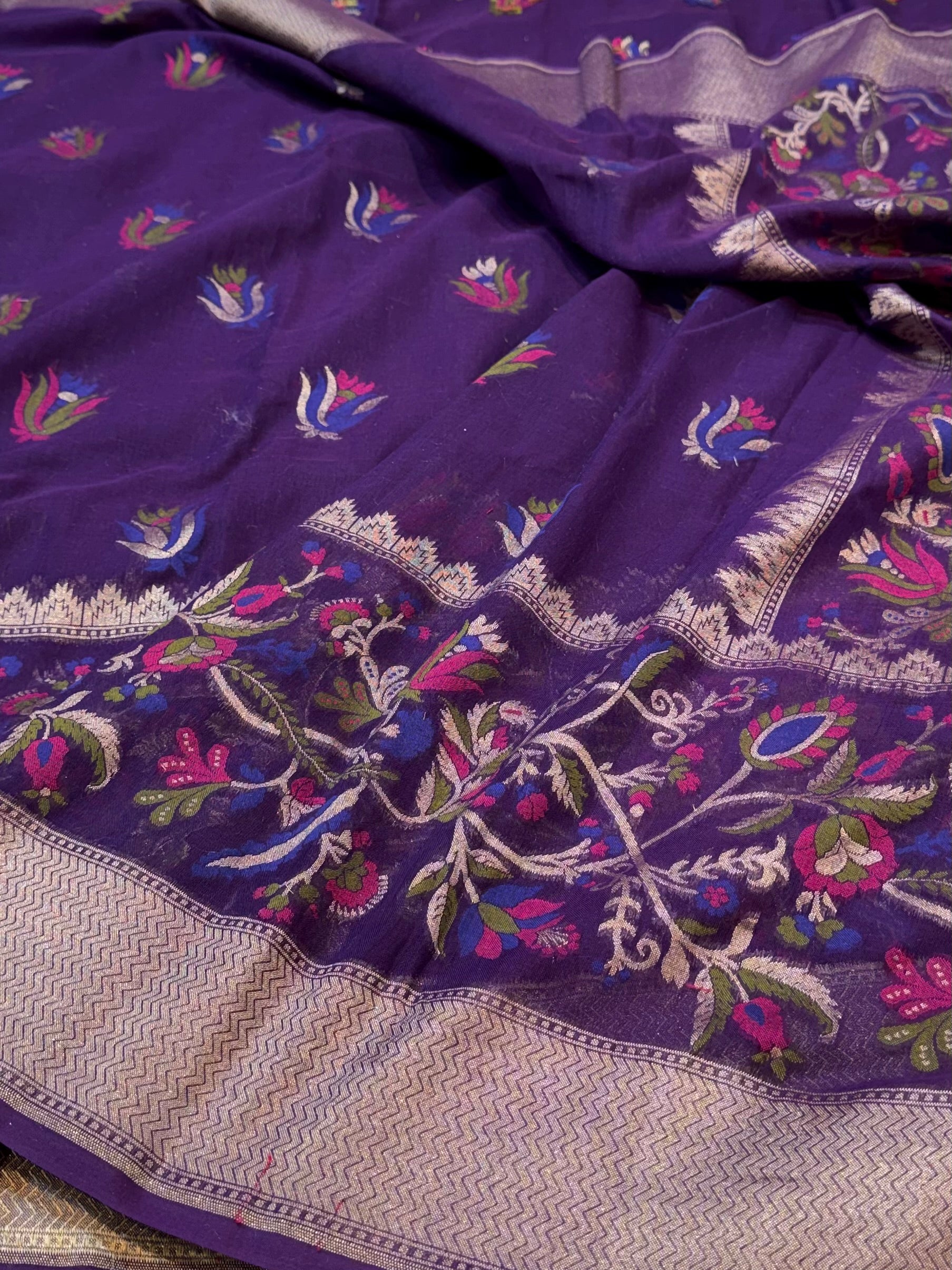 Purple 100% Pure Ektara Banarasi Cotton Jamdani Saree
