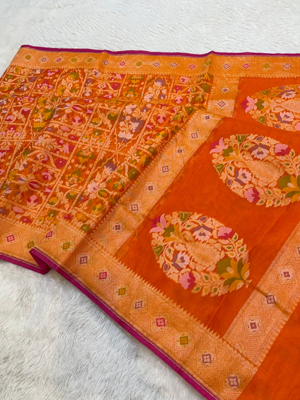 Prebook | Fanta Orange Pure Handloom Banarasi Ektara Kora Jamdani Saree