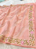 Peach Tussar Silk Partywear Banarasi Embroidery with Tissue Applique Lightweight Sarees