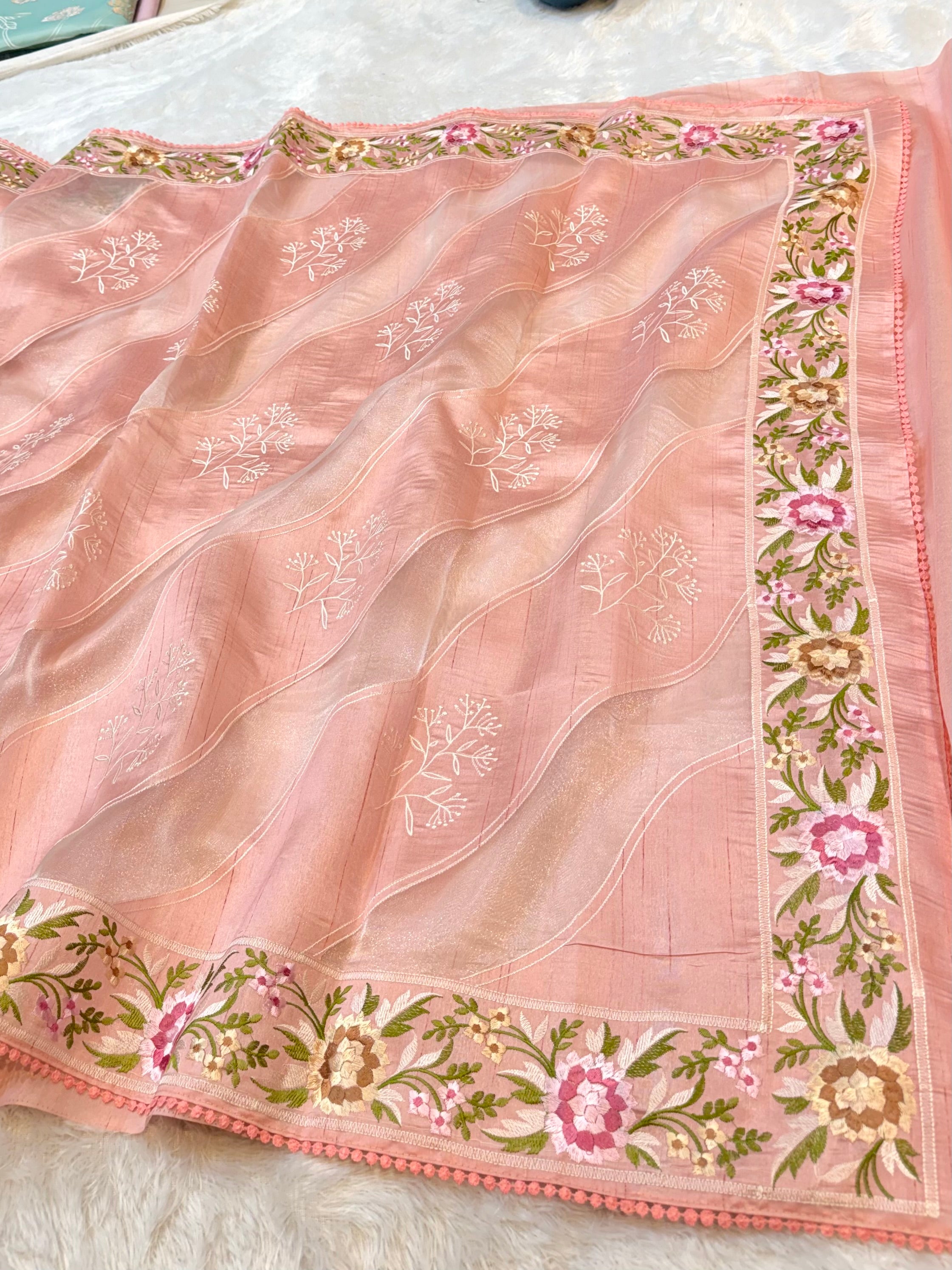 Peach Tussar Silk Partywear Banarasi Embroidery with Tissue Applique Lightweight Sarees