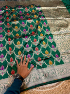 Bottle Green 100% Pure Banarasi Katan Silk Meenakari Saree