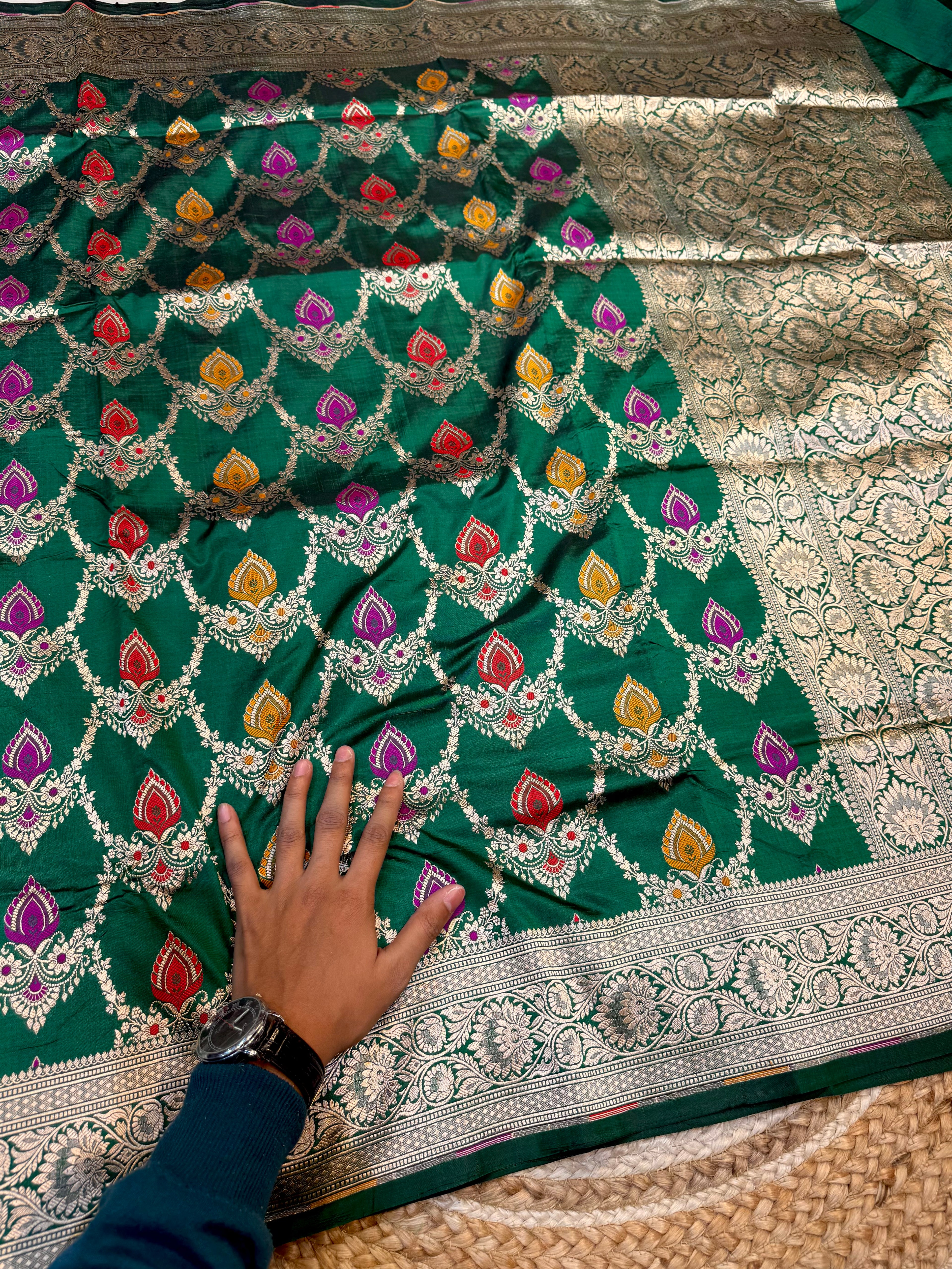 Bottle Green 100% Pure Banarasi Katan Silk Meenakari Saree