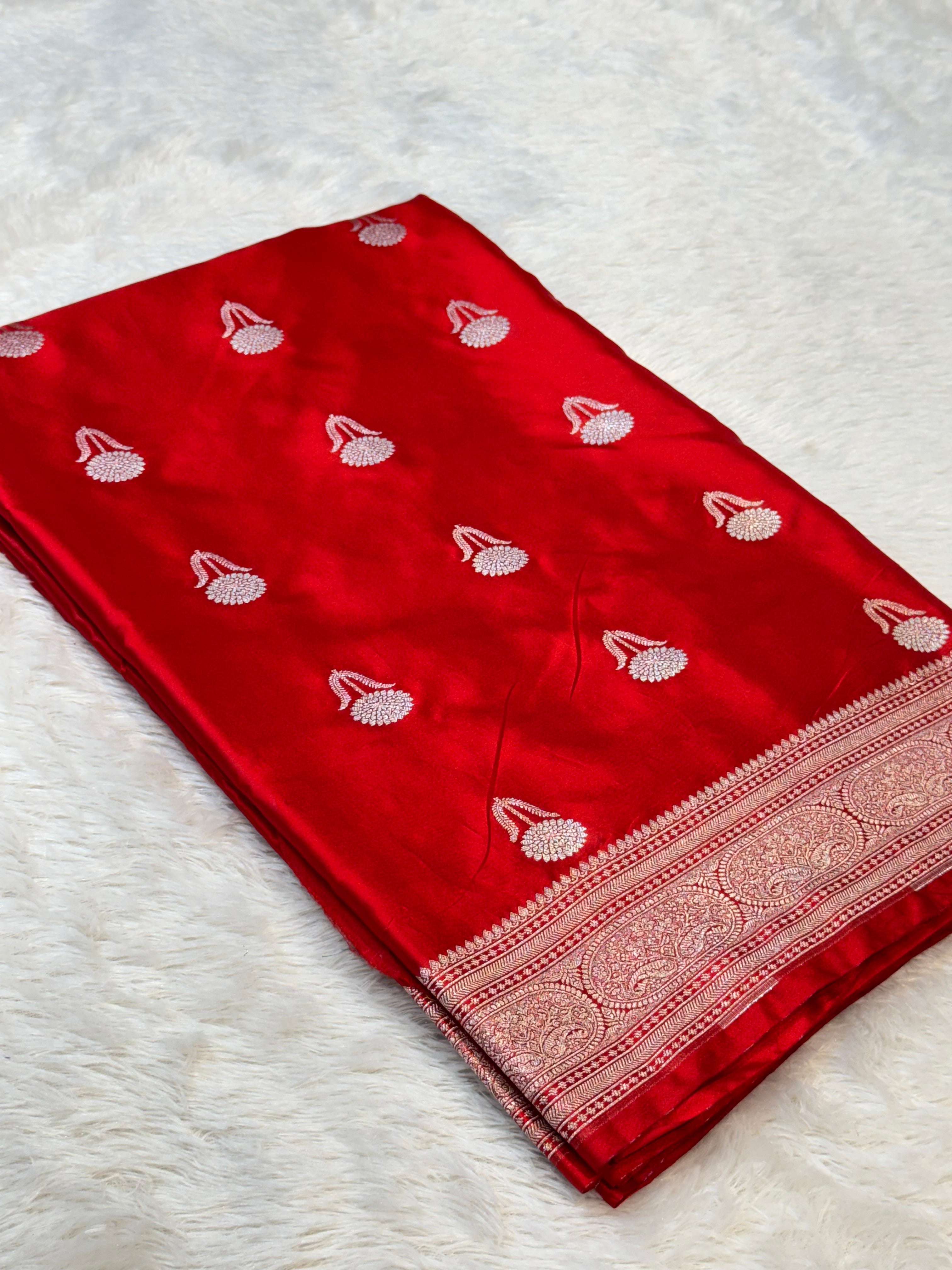 Red Banarasi Soft Meenakari Mashru Silk Partywear Saree