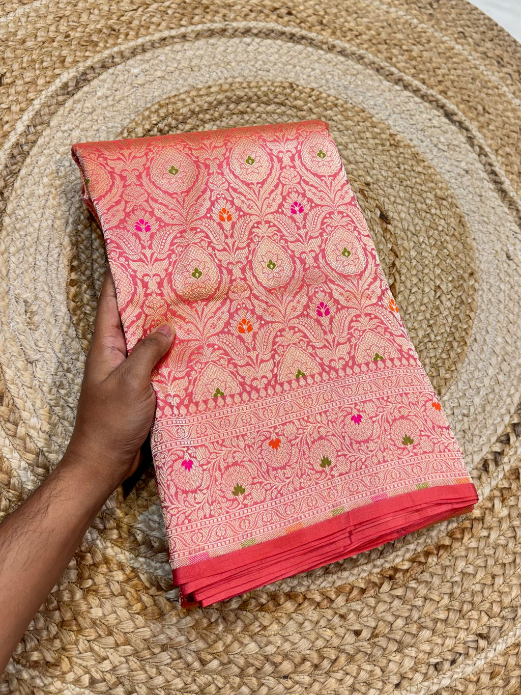 Peach 100% Pure Handloom Banarasi Katan Silk Meenakari Brocade Saree