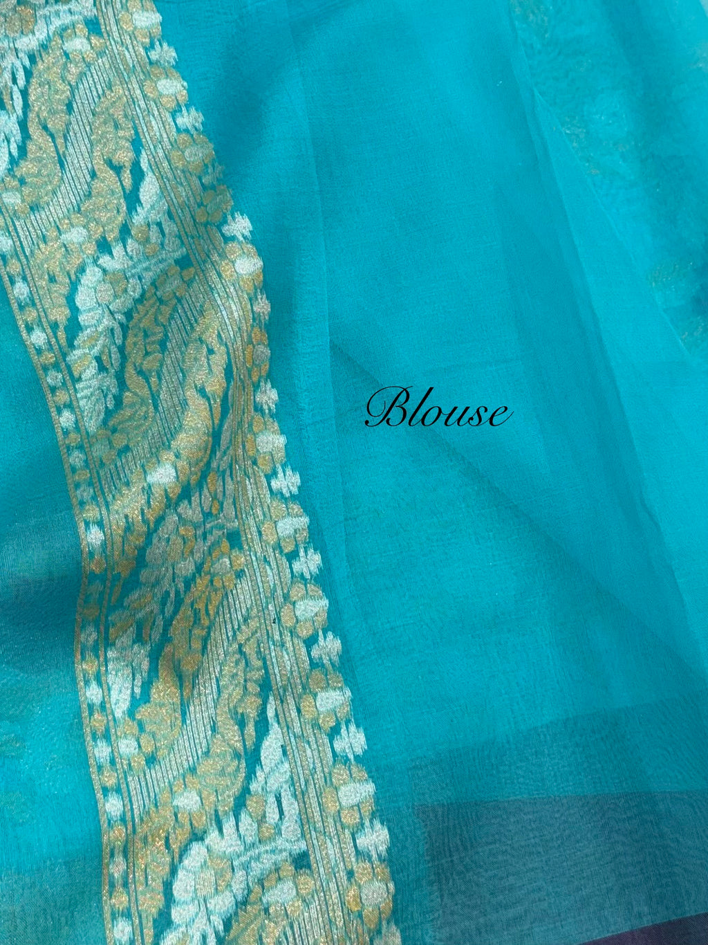 Sky Blue Pure Handloom Banarasi Ektara Kora Jamdani Saree