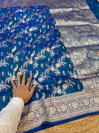 Prebook | Dual shade Peacock Blue 100% Pure Banarasi Katan Silk Saree