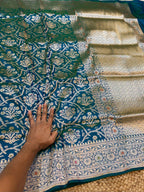Dual Shade Peacock Blue 100% Pure Banarasi Katan Silk Meenakari Saree