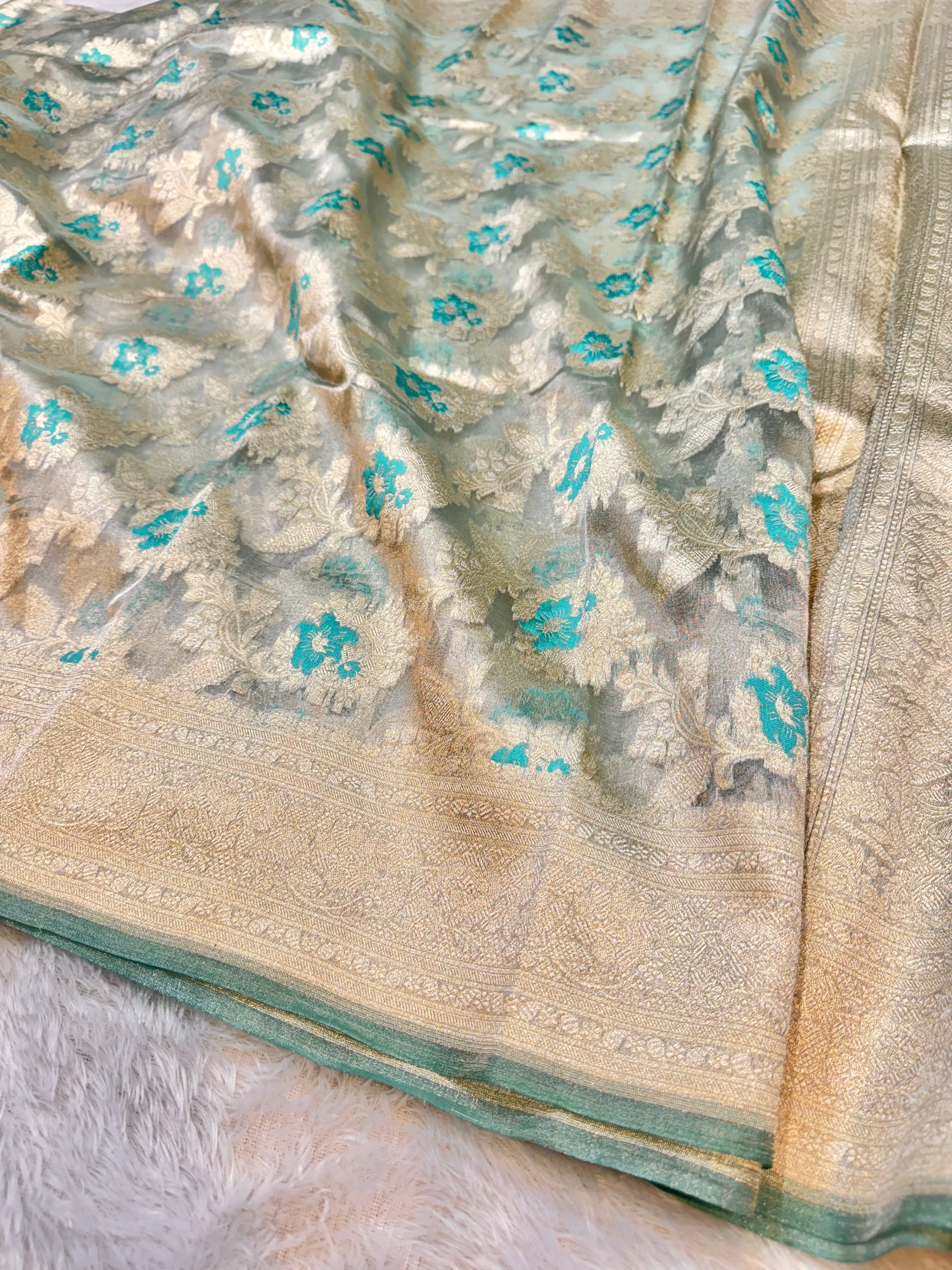Diamond Sea Green 100% Pure Tissue Silk Banarasi Partywear Saree