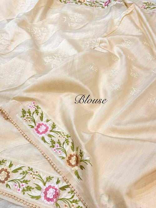 Beige Tussar Silk Partywear Banarasi Embroidery with Tissue Applique Lightweight Sarees