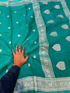 Sea Green Pure Khaddi Georgette Silver Zari Border Buta Anchal Buti Design Saree