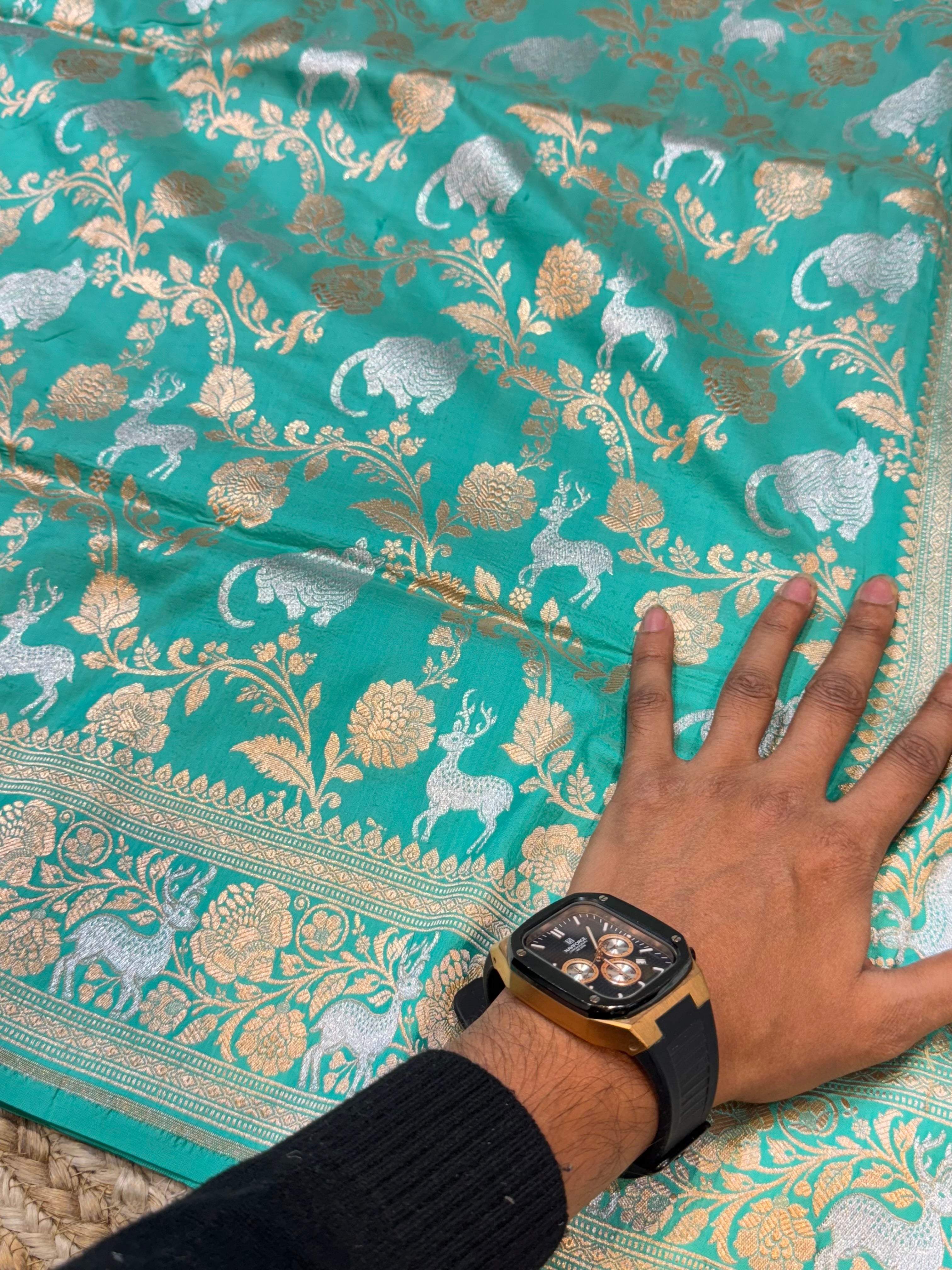 Cyan Blue 100% Pure Banarasi Katan Silk Meenakari Saree