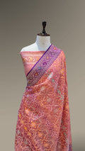 Pastel Peach Pure Handloom Banarasi Ektara Kora Jamdani Saree