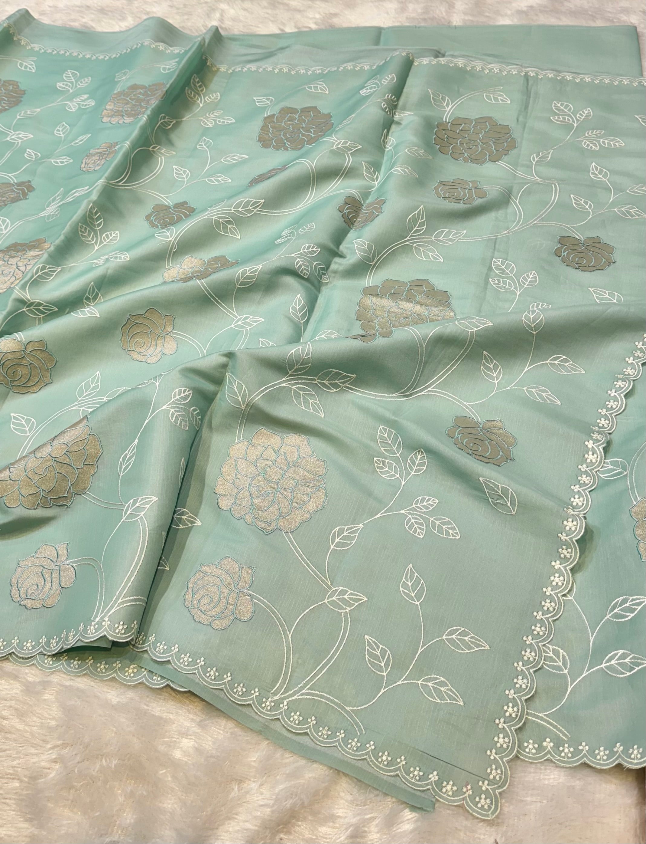 Sea Green Mango Silk Partywear Banarasi Embroidered Jaal with Tissue Applique Lightweight Sarees